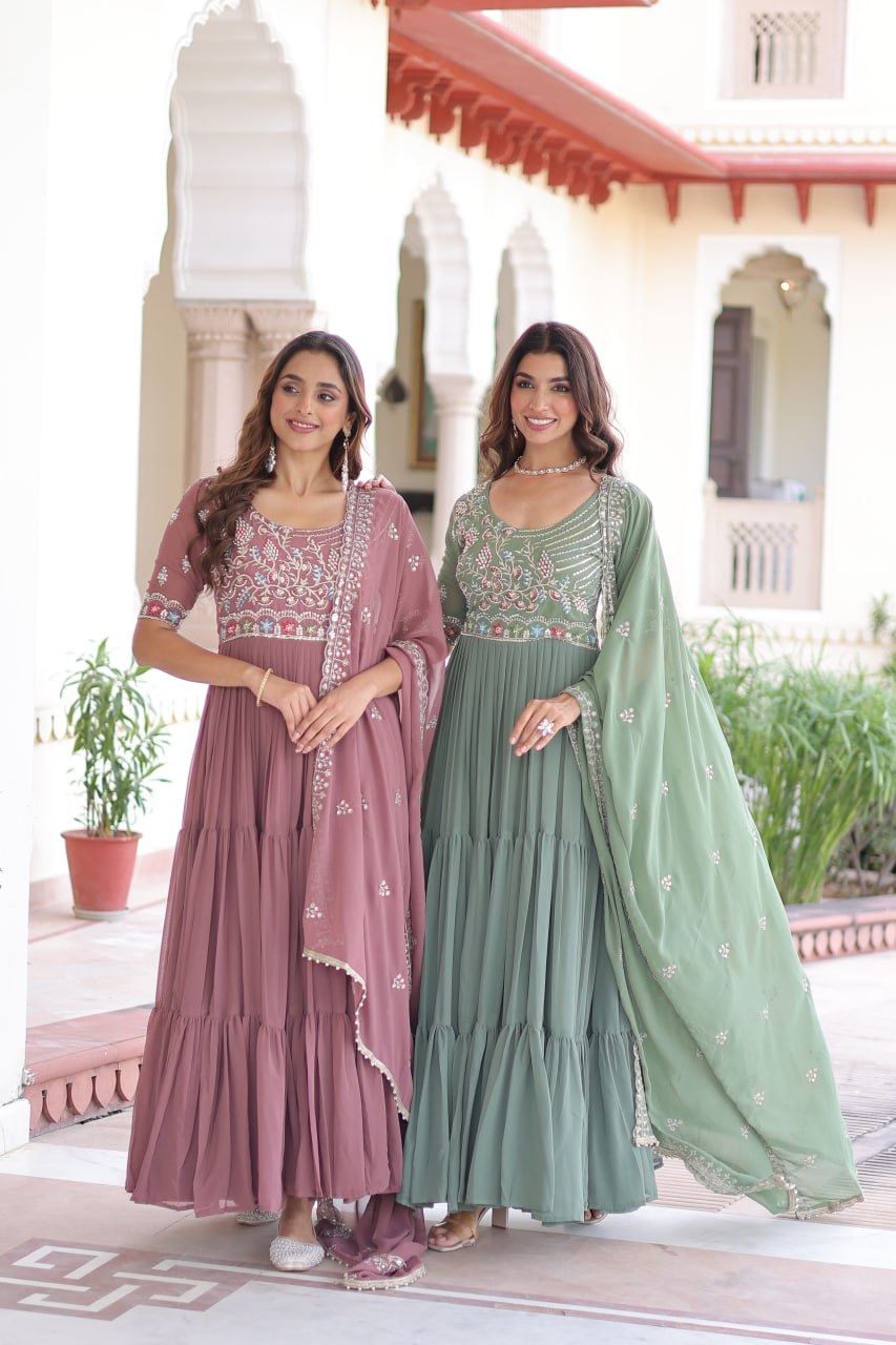 Faux Blooming Gown Heavy Sequins And Multithreaded Beads Embroidery With Dupatta Stylish Floor Length Dress