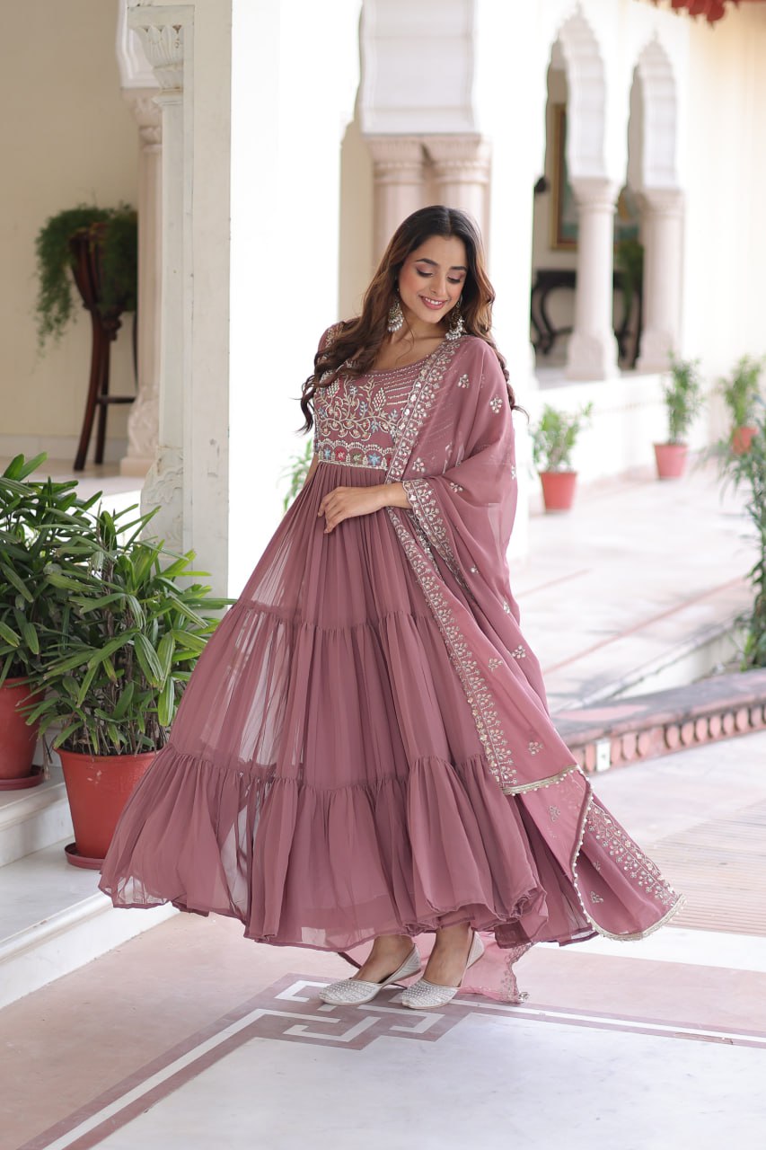 Faux Blooming Gown Heavy Sequins And Multithreaded Beads Embroidery With Dupatta Stylish Floor Length Dress