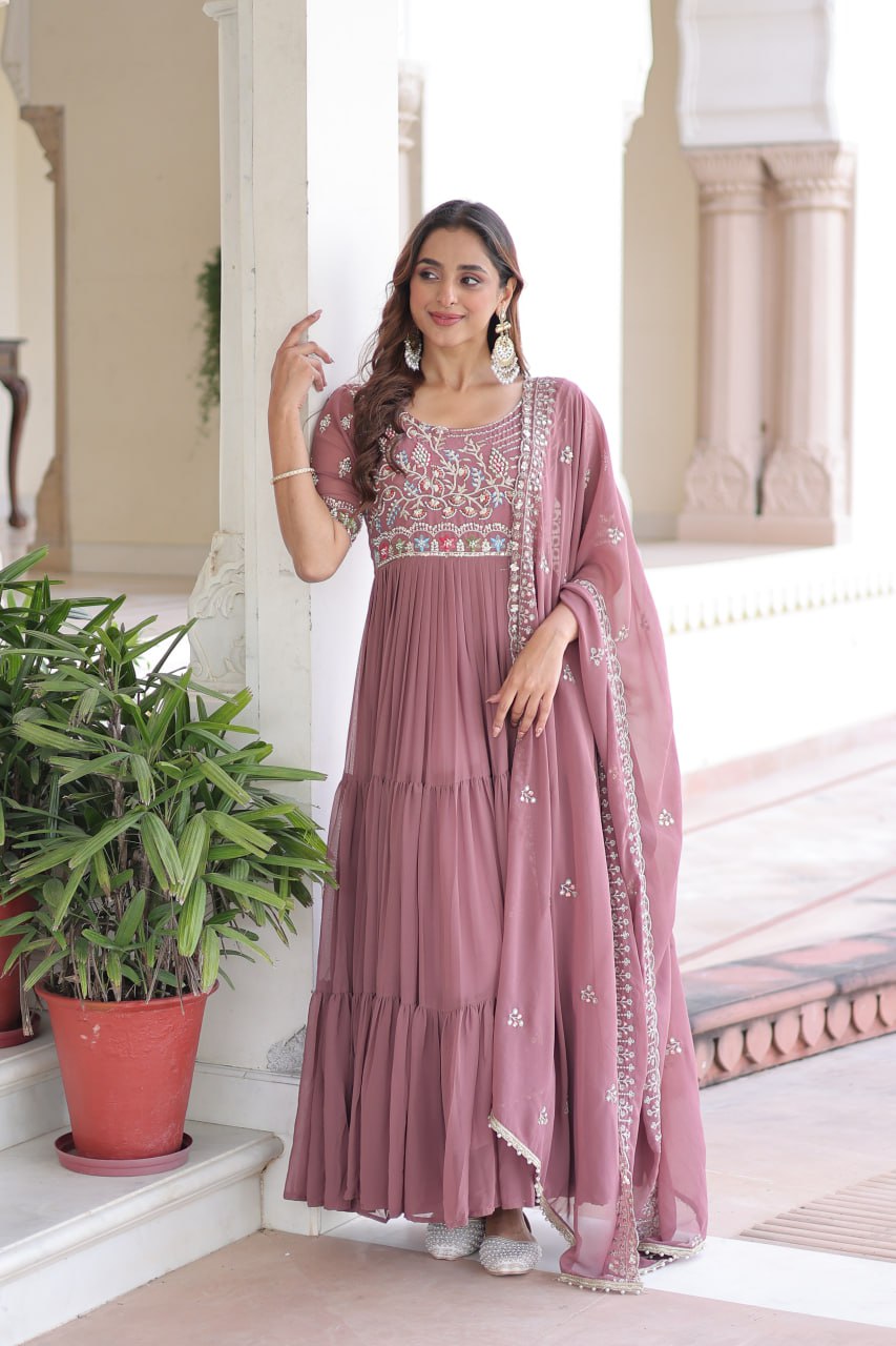 Faux Blooming Gown Heavy Sequins And Multithreaded Beads Embroidery With Dupatta Stylish Floor Length Dress