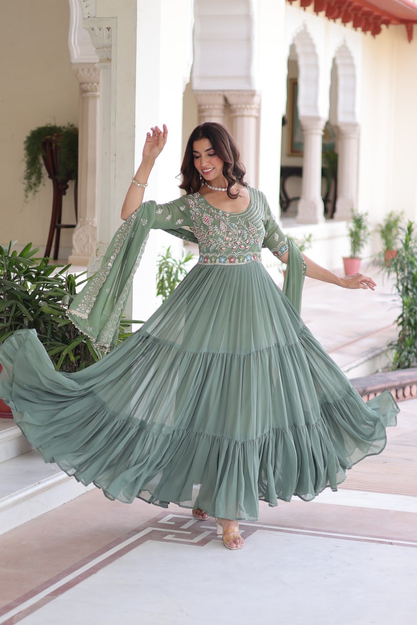 Faux Blooming Gown Heavy Sequins And Multithreaded Beads Embroidery With Dupatta Stylish Floor Length Dress