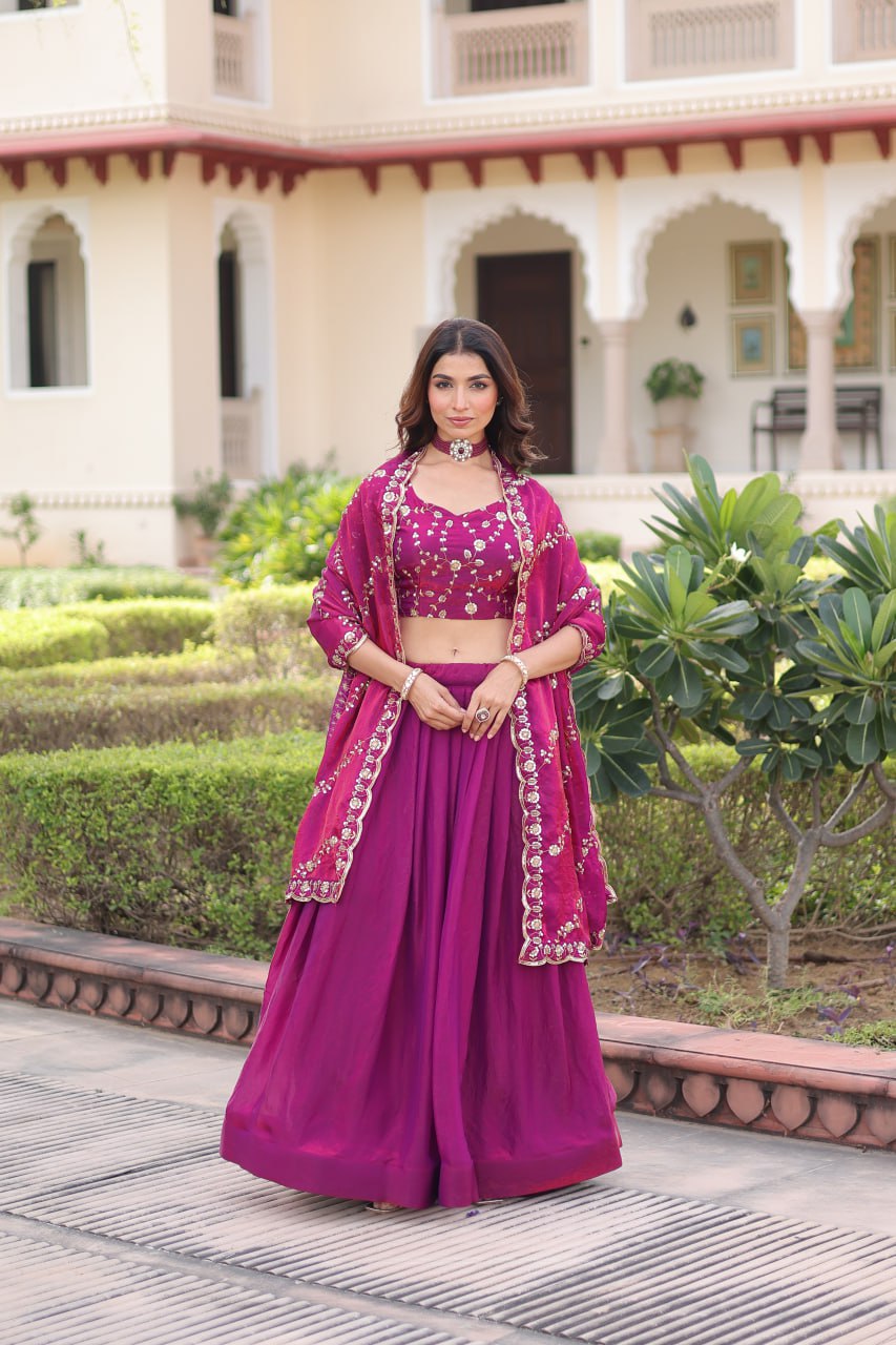 Rani Pink Fendi Silk Bridal Lehenga Set with Sequins Multithread Embroidery & Lace Dupatta – Full-Stitched Designer Wear