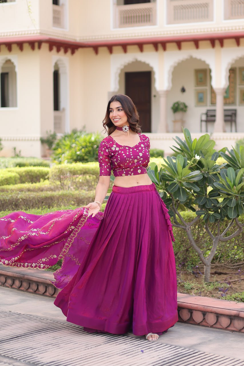 Rani Pink Fendi Silk Bridal Lehenga Set with Sequins Multithread Embroidery & Lace Dupatta – Full-Stitched Designer Wear