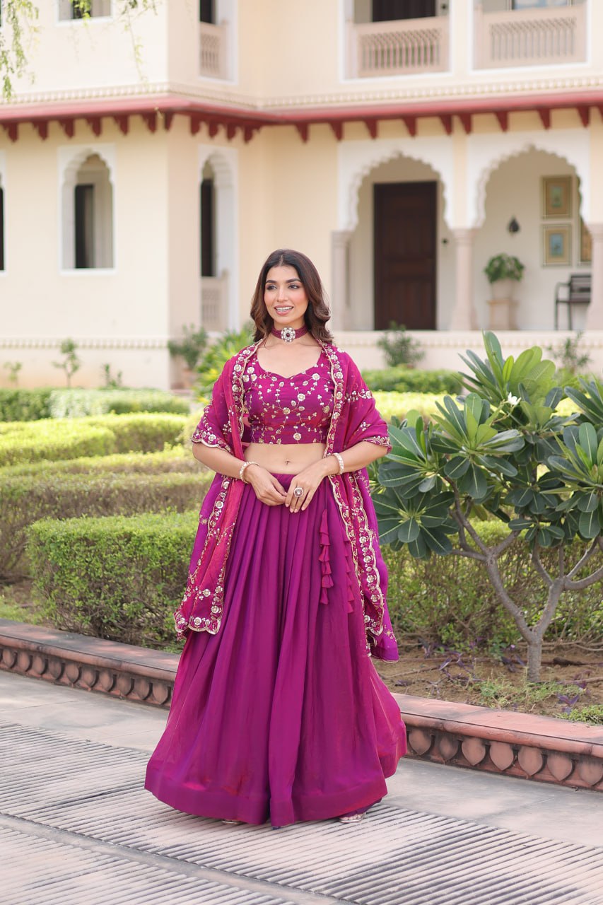 Rani Pink Fendi Silk Bridal Lehenga Set with Sequins Multithread Embroidery & Lace Dupatta – Full-Stitched Designer Wear