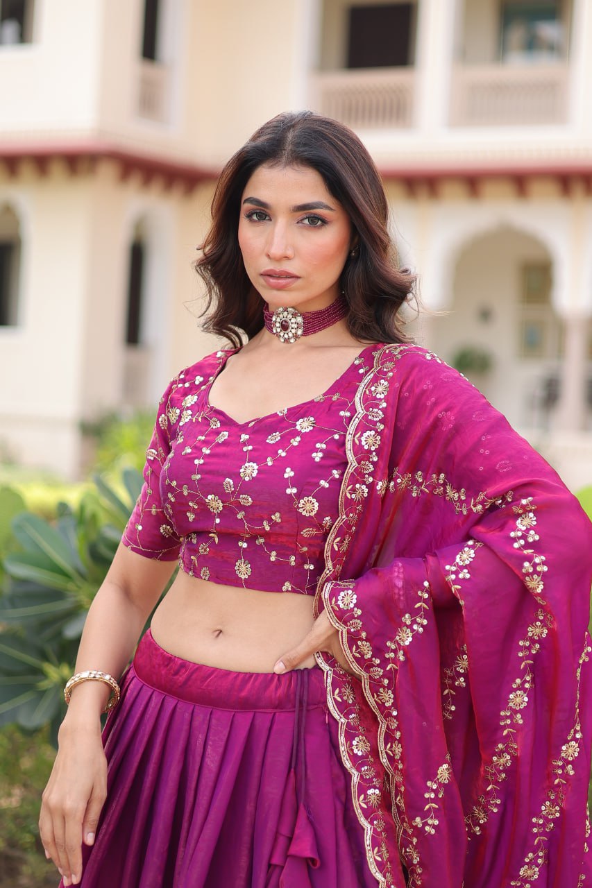 Rani Pink Fendi Silk Bridal Lehenga Set with Sequins Multithread Embroidery & Lace Dupatta – Full-Stitched Designer Wear