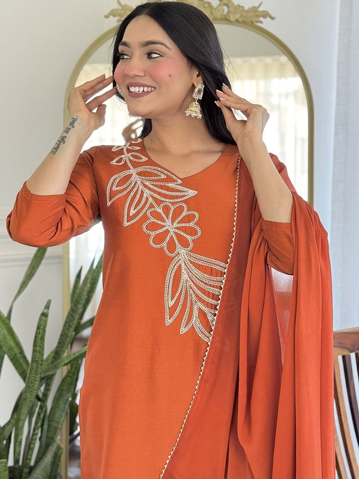 Women Floral Embroidered Silk Kurta with Trousers & Dupatta