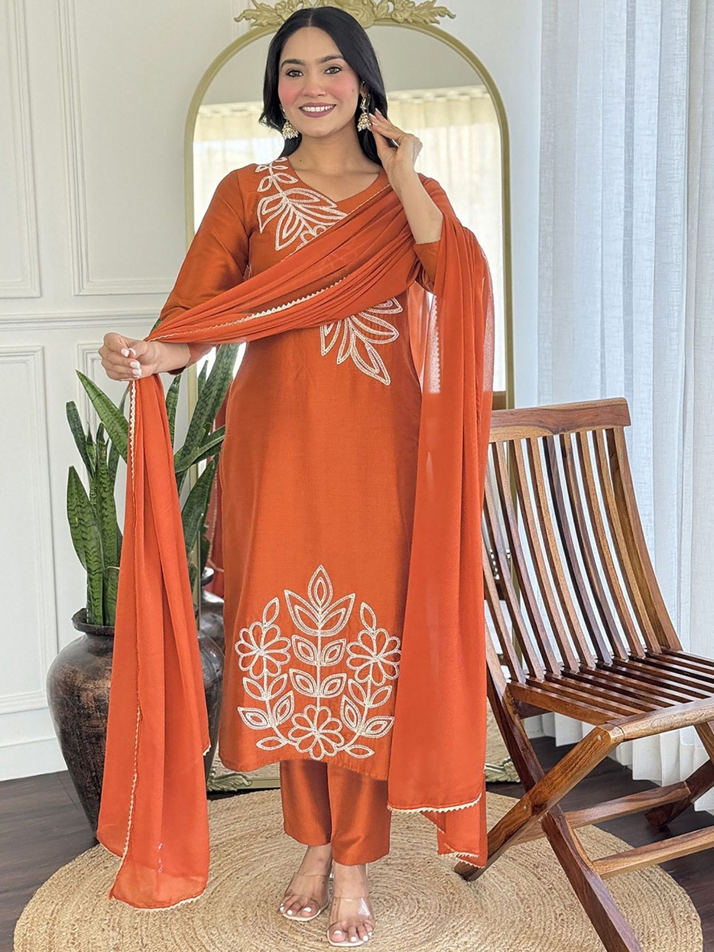 Women Floral Embroidered Silk Kurta with Trousers & Dupatta