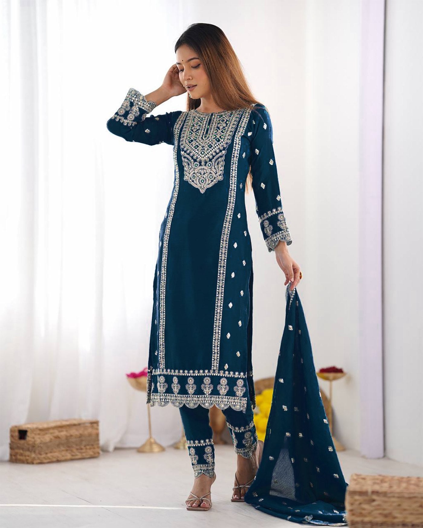 Floral Embroidered Regular Mirror Work Straight Kurta Trousers & With Dupatta