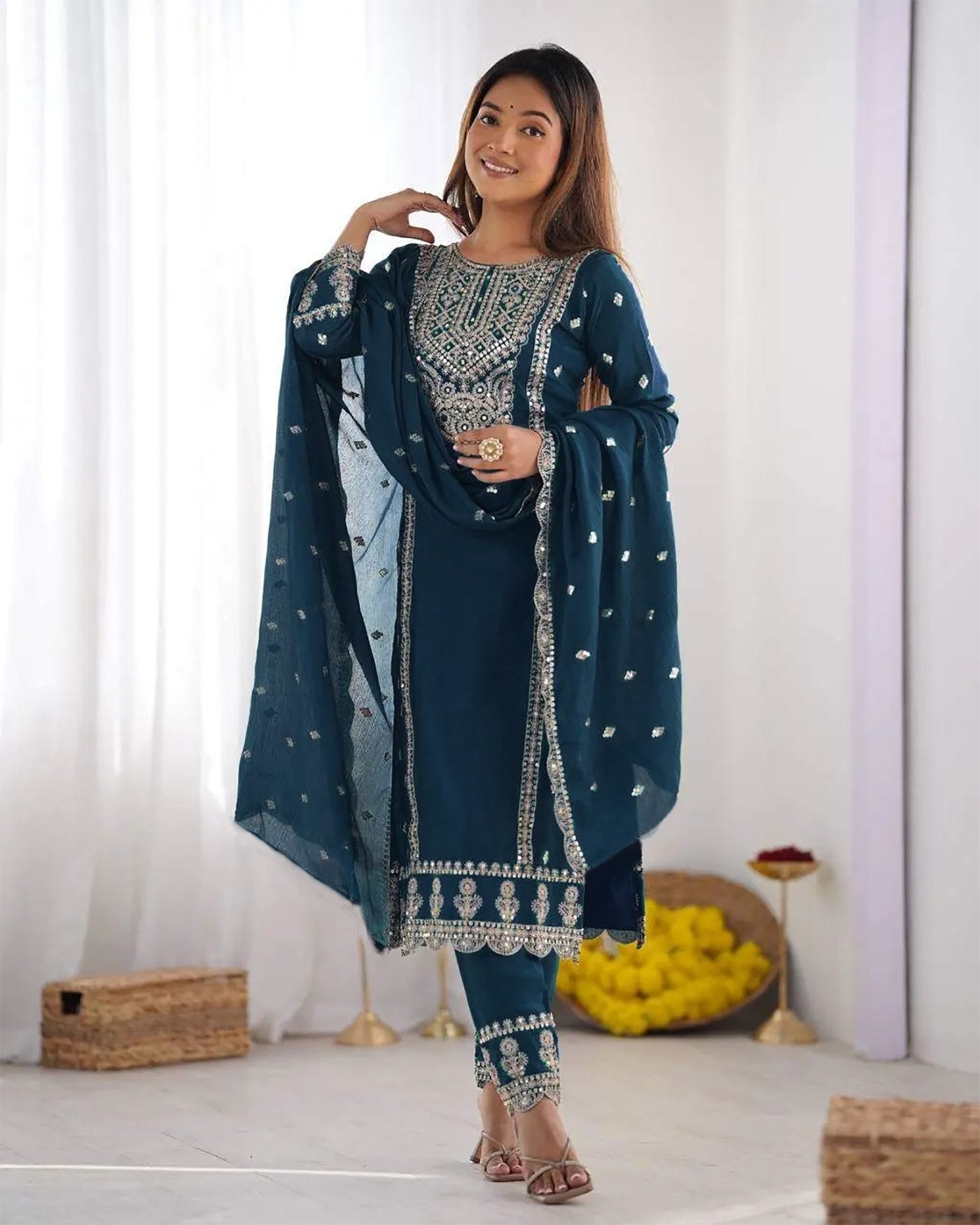 Floral Embroidered Regular Mirror Work Straight Kurta Trousers & With Dupatta