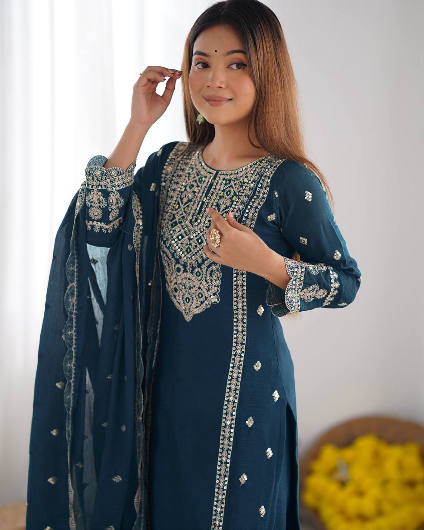 Floral Embroidered Regular Mirror Work Straight Kurta Trousers & With Dupatta