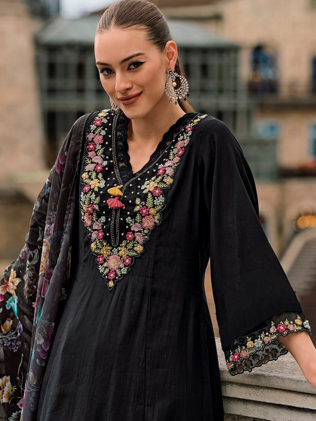 Floral Yoke Design Thread Work A-Line Kurta With Trousers & Dupatta