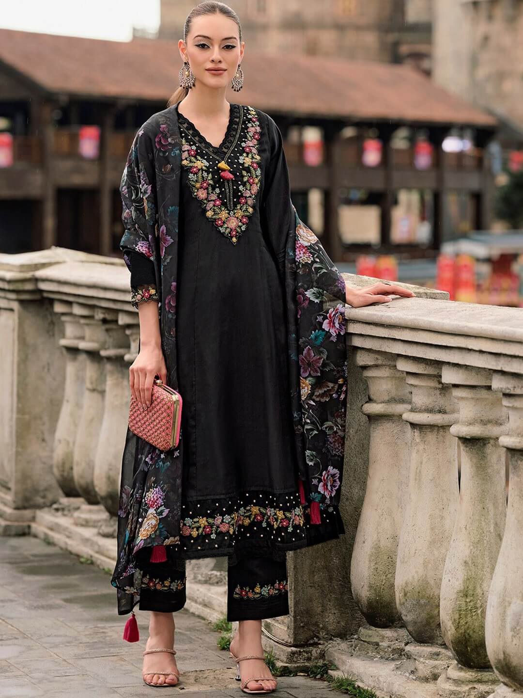 Floral Yoke Design Thread Work A-Line Kurta With Trousers & Dupatta