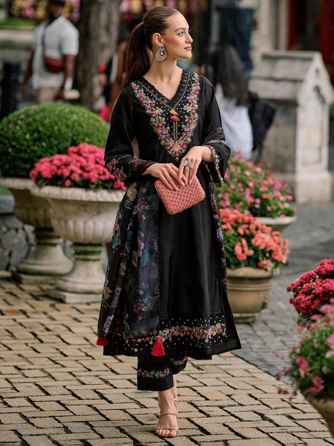 Floral Yoke Design Thread Work A-Line Kurta With Trousers & Dupatta
