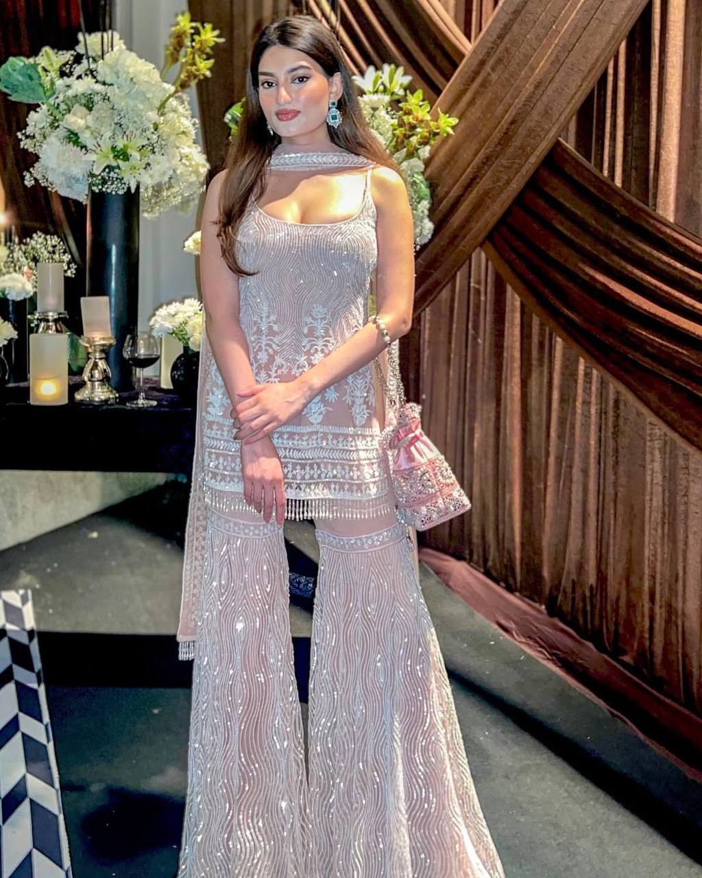 DESIGNER HEAVY SOFT NET TOP WITH FULL CHINE SEQUNCE WORK PALAZZO SUIT
