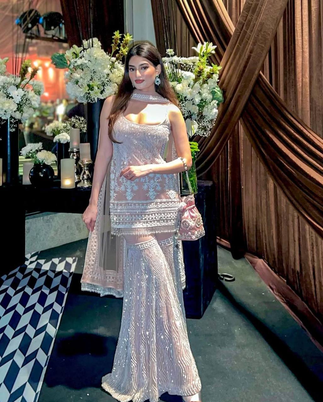 DESIGNER HEAVY SOFT NET TOP WITH FULL CHINE SEQUNCE WORK PALAZZO SUIT