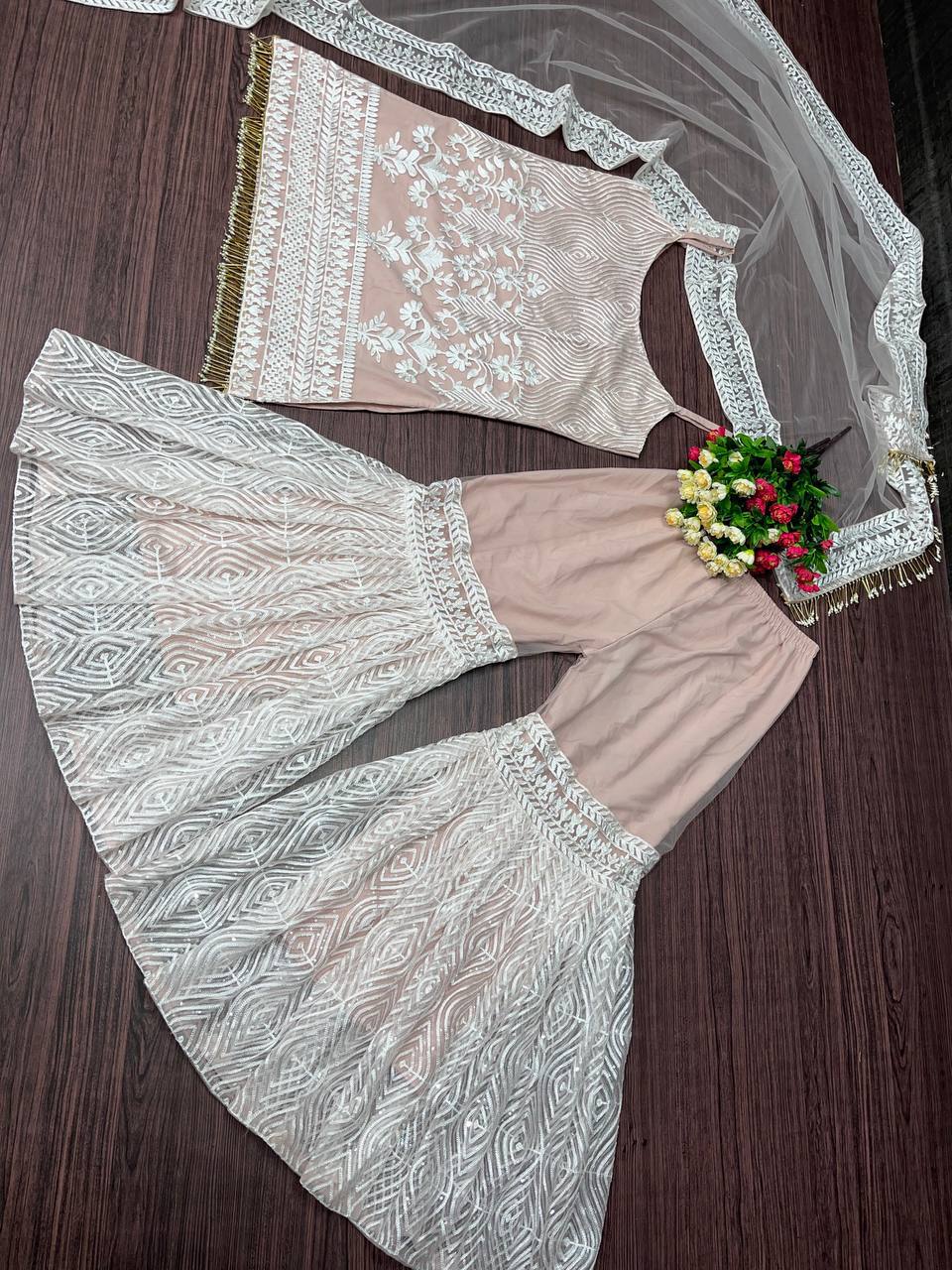 DESIGNER HEAVY SOFT NET TOP WITH FULL CHINE SEQUNCE WORK PALAZZO SUIT
