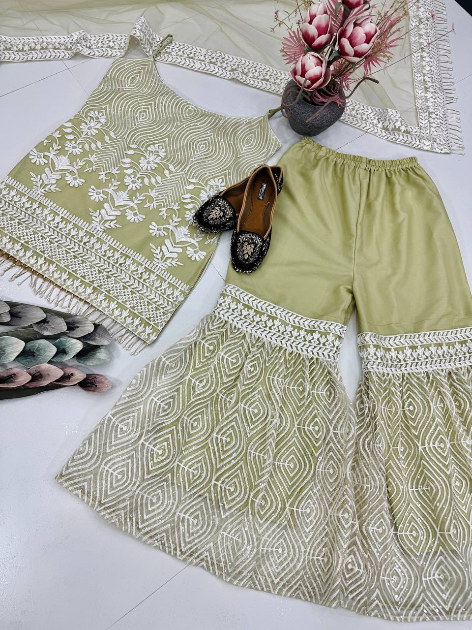 DESIGNER HEAVY SOFT NET TOP WITH FULL CHINE SEQUNCE WORK PALAZZO SUIT