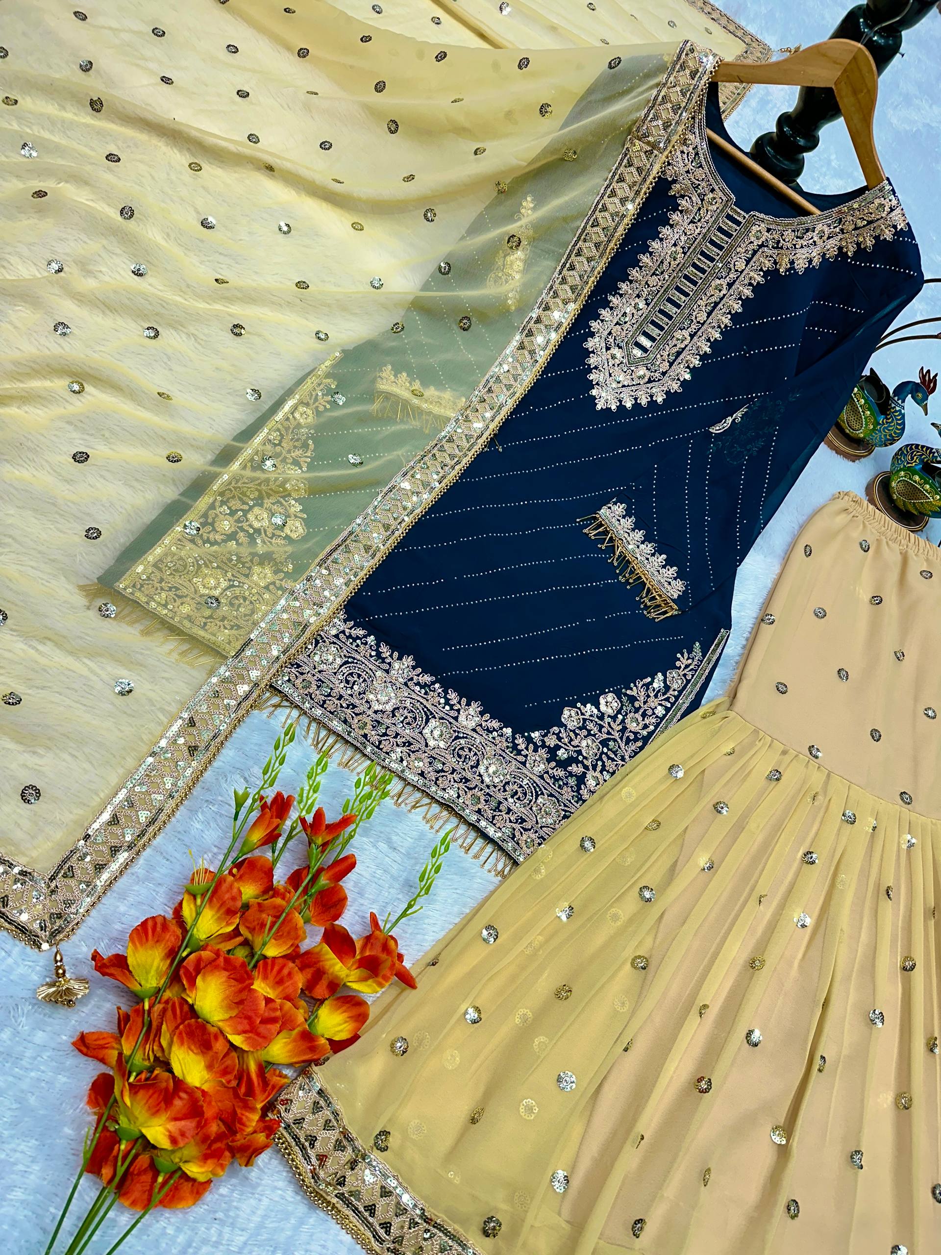 NEW ĐĚSIGNER PARTY WEAR TOP AND PLAZZO. WITH FANCY DUPPATA AND EMBROIDERY WORK