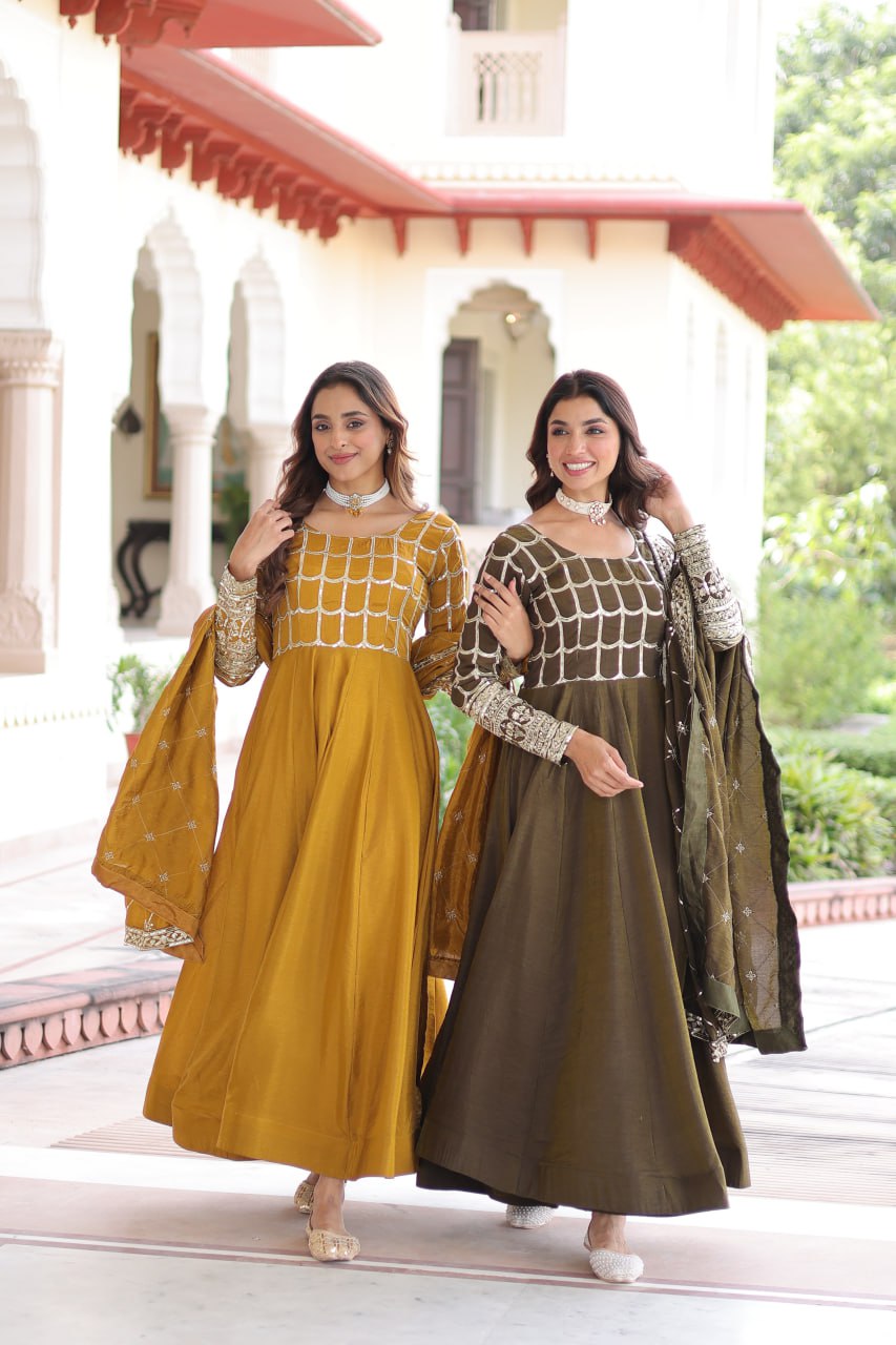 Mustard Vichitra Sequins & Zari Embroidered Gown with 4.2-Meter Flair & Matching Embroidered Dupatta