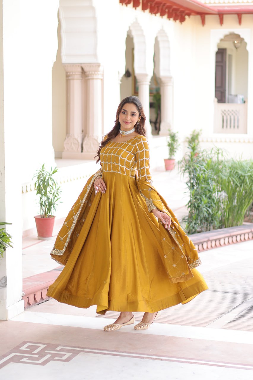 Mustard Vichitra Sequins & Zari Embroidered Gown with 4.2-Meter Flair & Matching Embroidered Dupatta