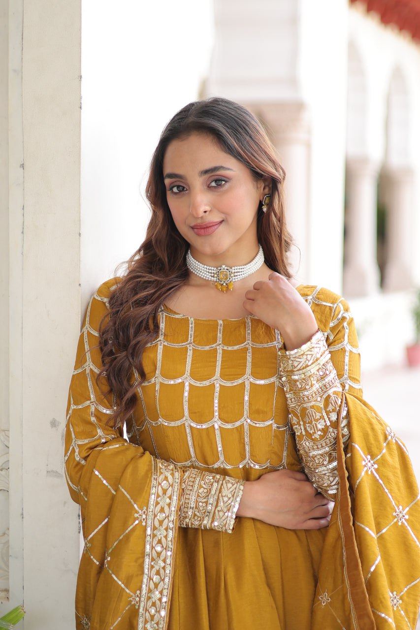 Mustard Vichitra Sequins & Zari Embroidered Gown with 4.2-Meter Flair & Matching Embroidered Dupatta