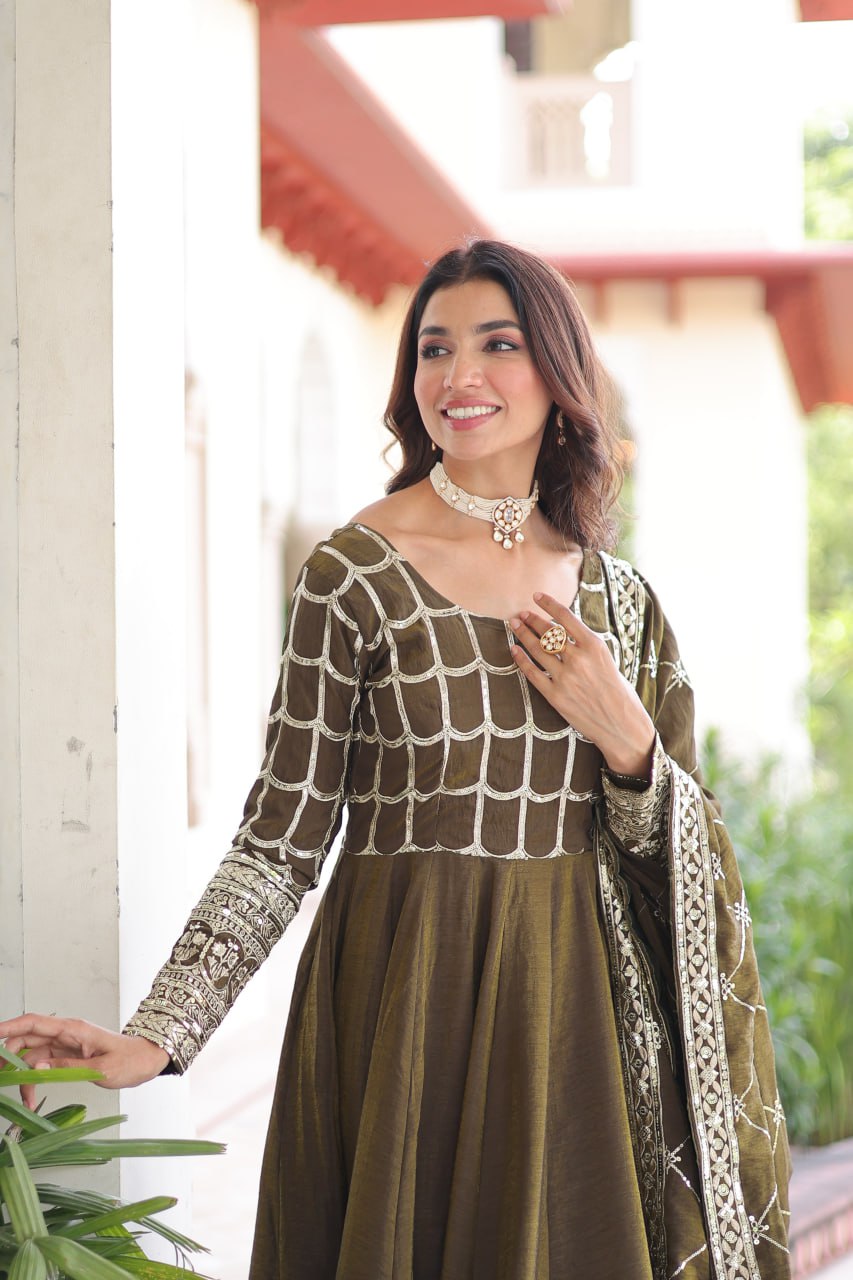 Mustard Vichitra Sequins & Zari Embroidered Gown with 4.2-Meter Flair & Matching Embroidered Dupatta