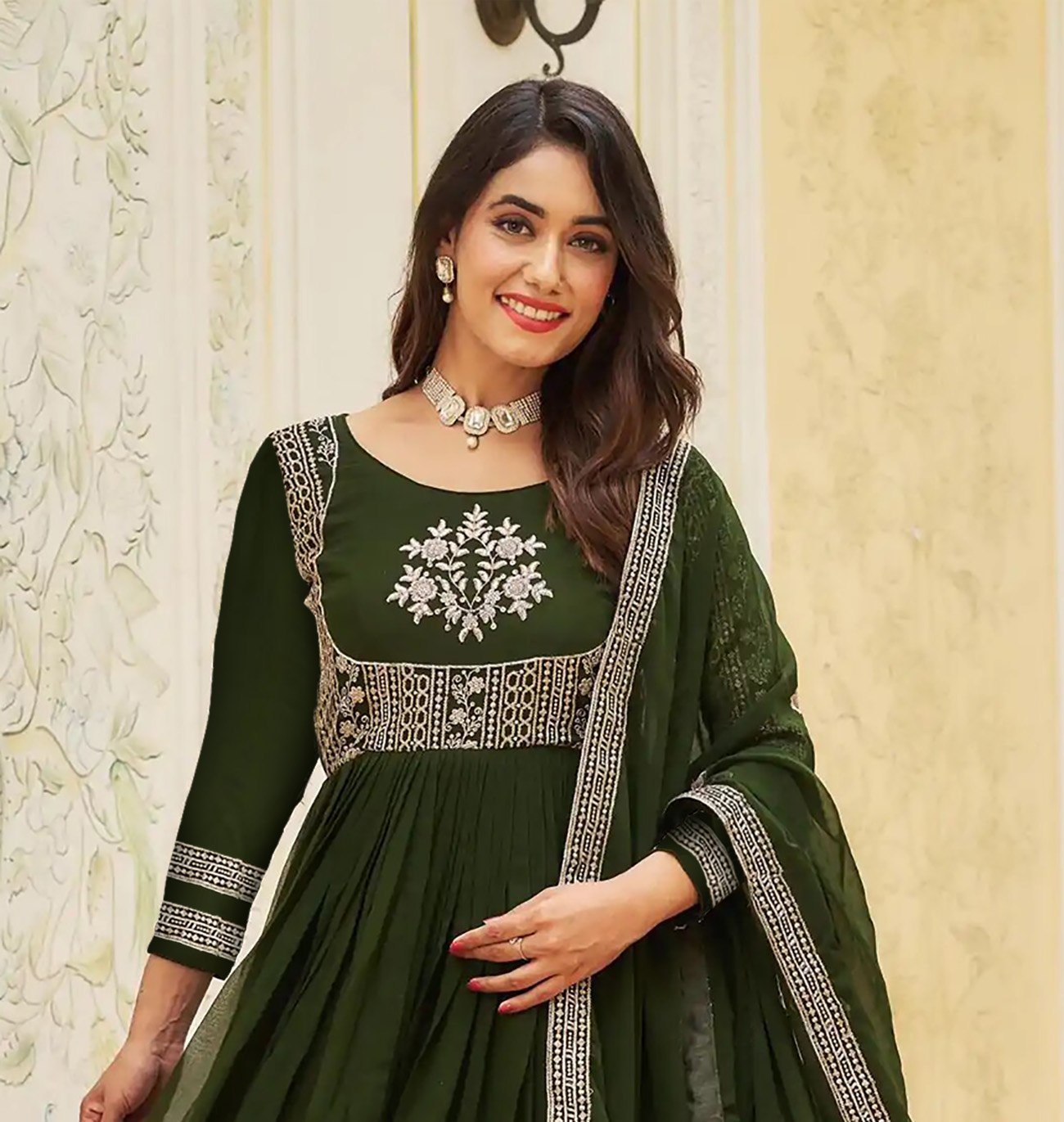 Floral Embroidered Georgette Fit and Flare Maxi Ethnic Dress with a Dupatta
