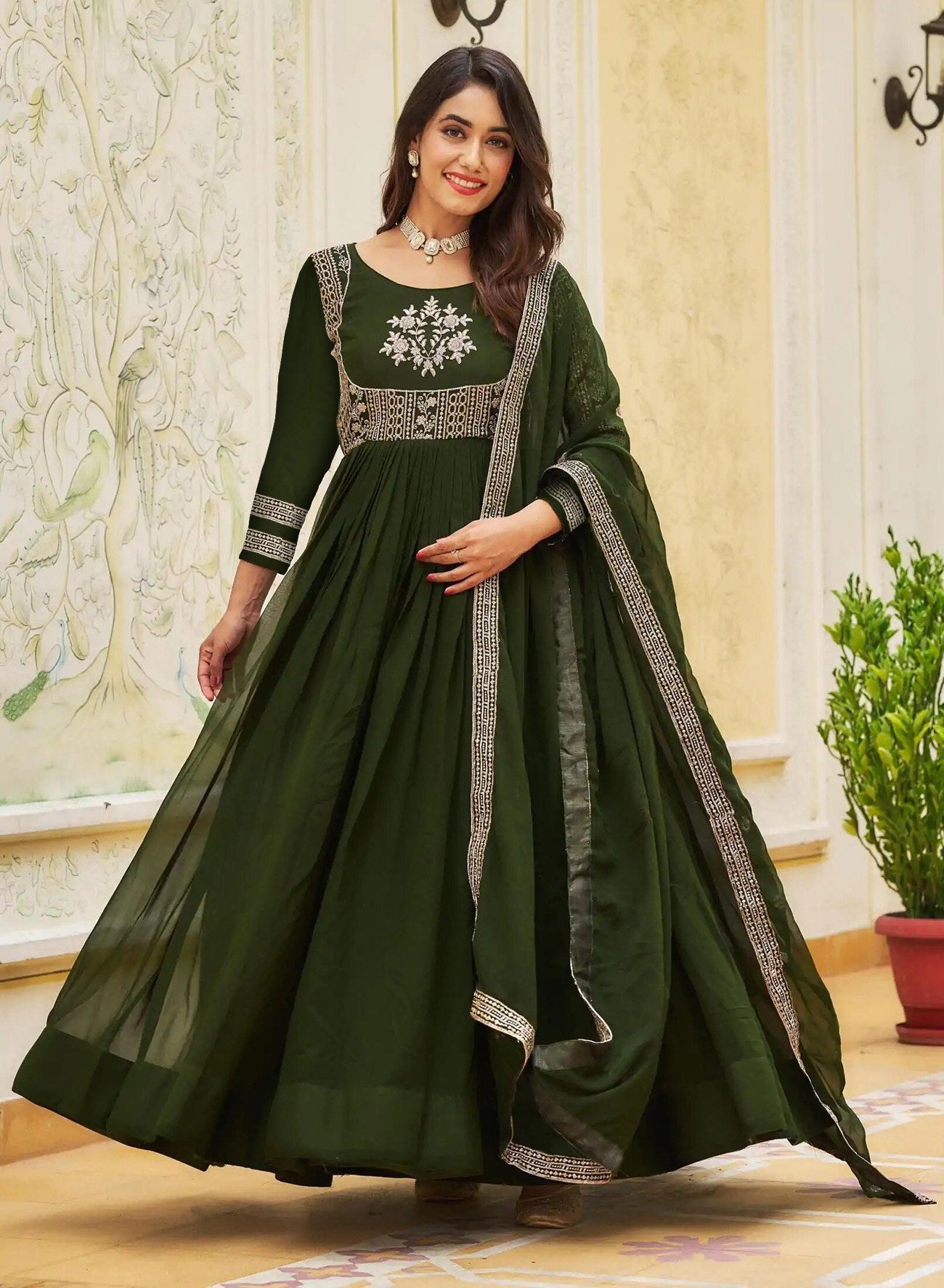 Floral Embroidered Georgette Fit and Flare Maxi Ethnic Dress with a Dupatta