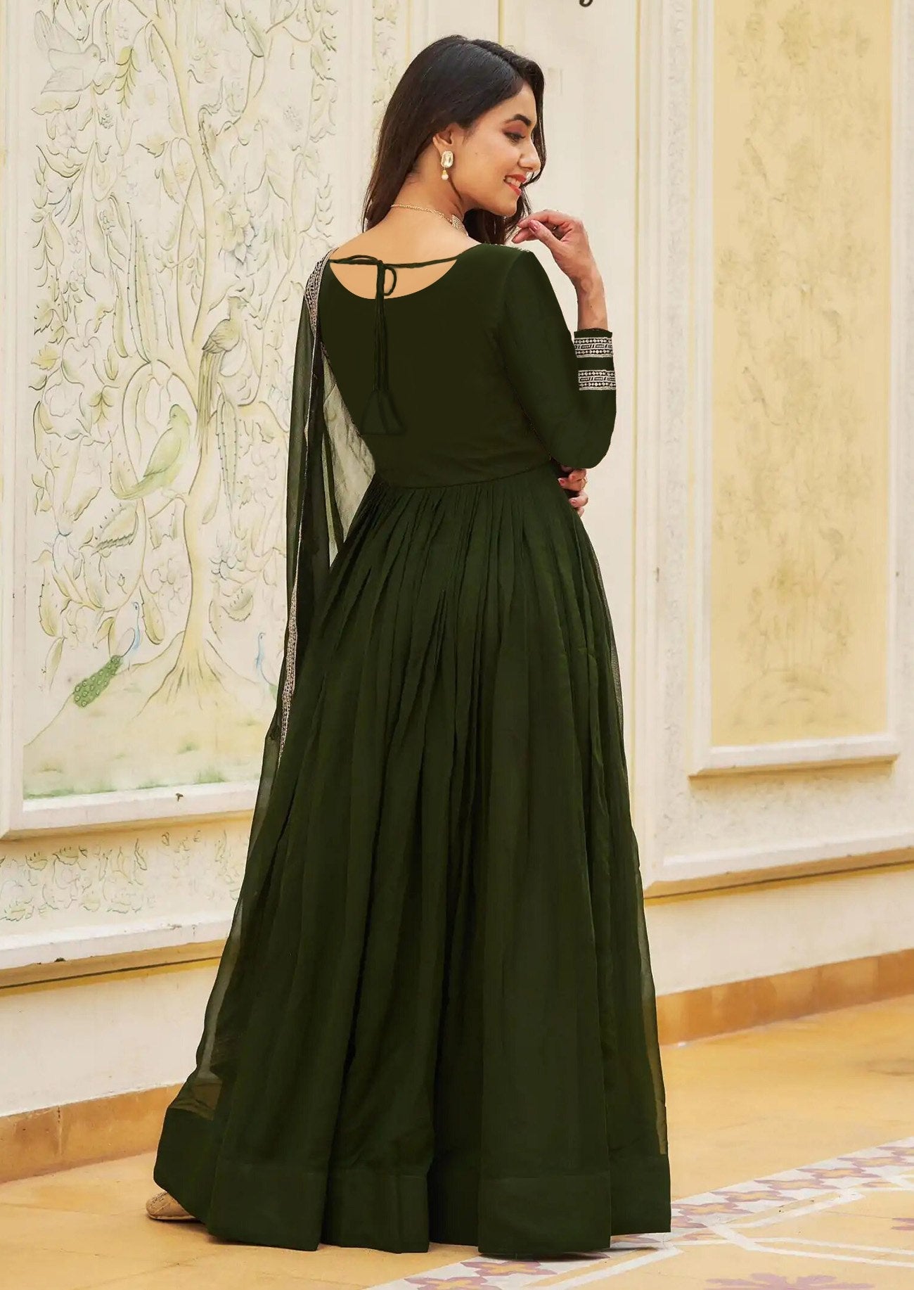 Floral Embroidered Georgette Fit and Flare Maxi Ethnic Dress with a Dupatta