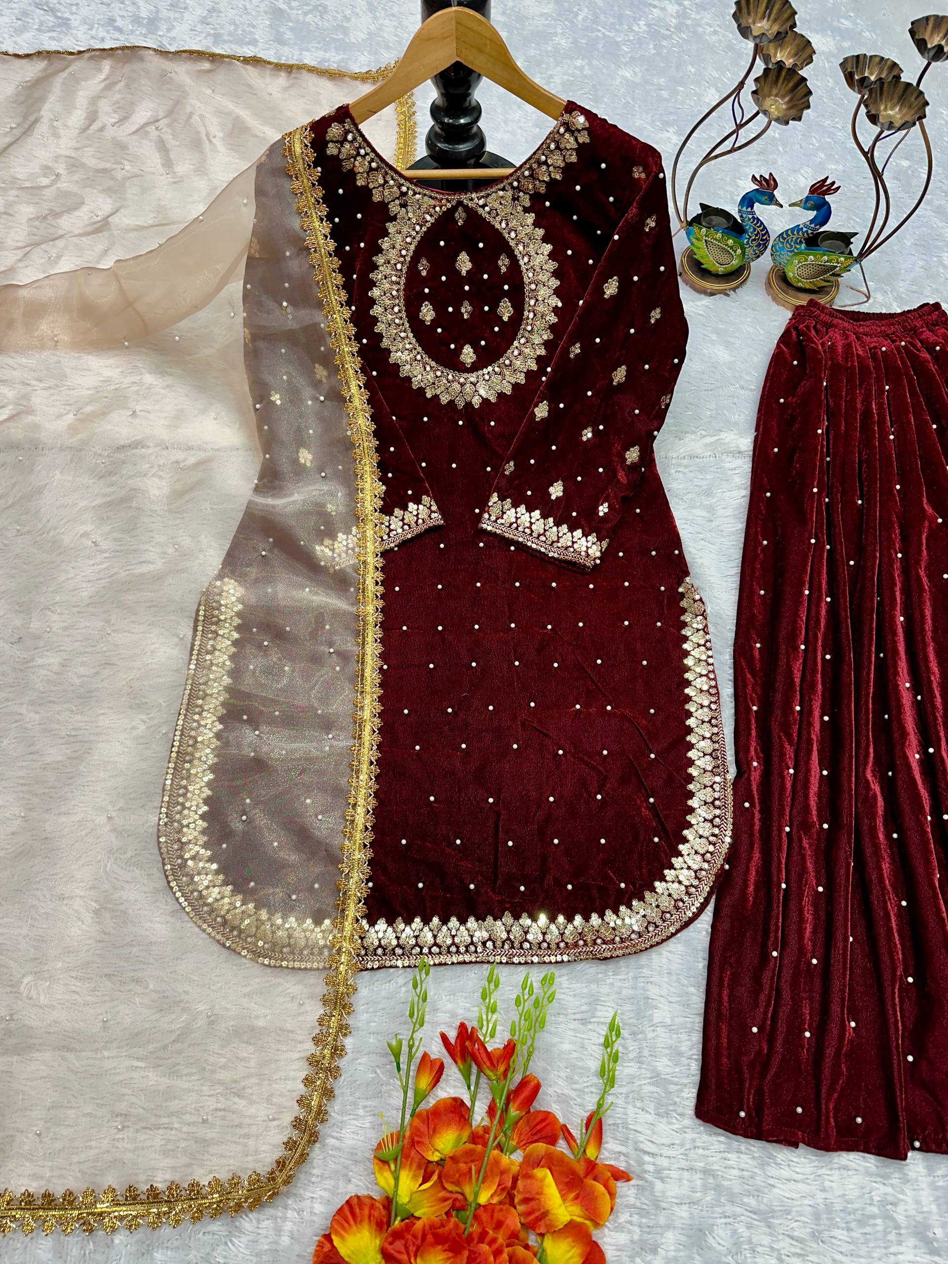 NEW ĐĚSIGNER PARTY WEAR TOP AND PANT PLAZO  WITH FANCY DUPPATA AND EMBROIDERY WORK
