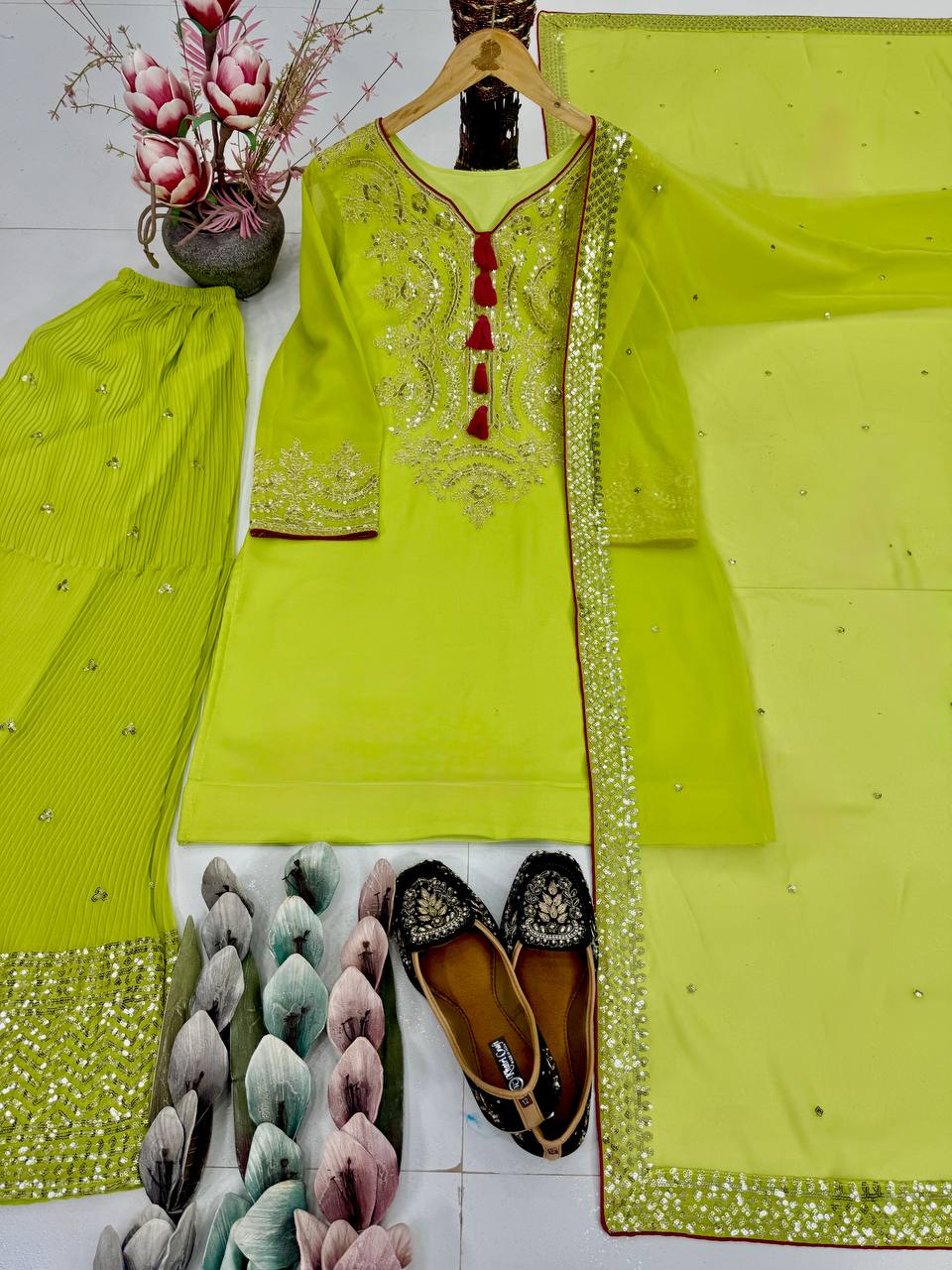 DESIGNER HEAVY FUAX GEORGETTE SHARARA SUIT SET