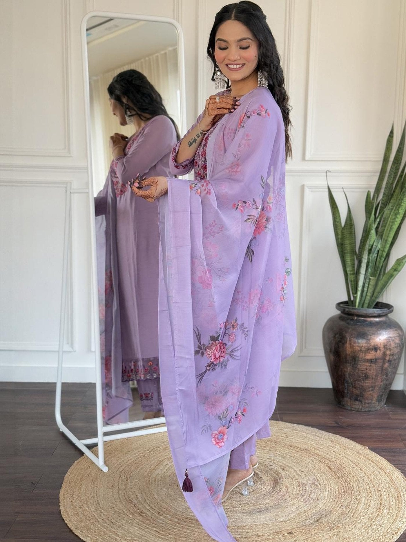Women Floral Embroidered Regular Kurta with Trousers & With Dupatta