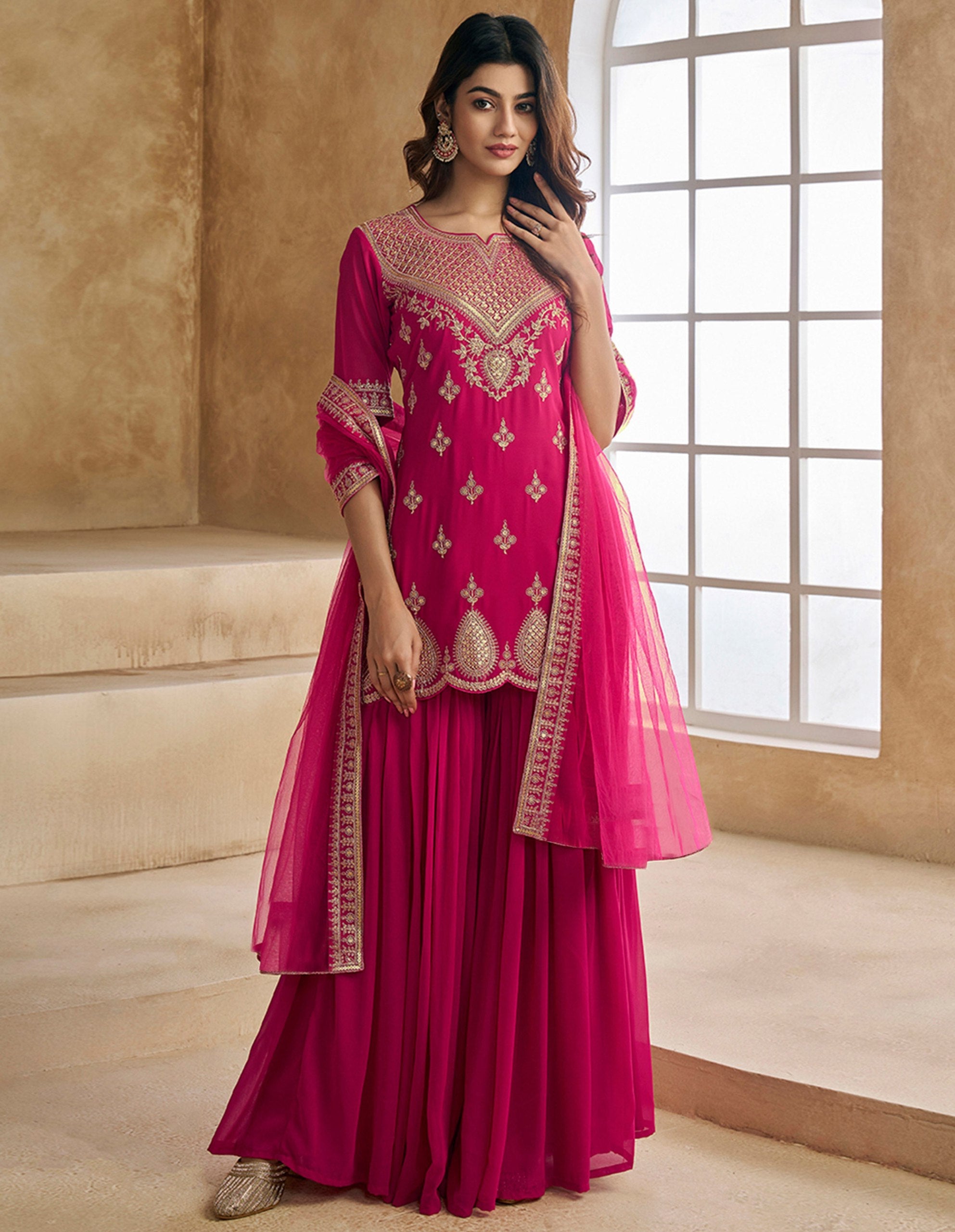 Ethnic Motifs Embroidered Round Neck Straight Kurta With Sharara & Dupatta
