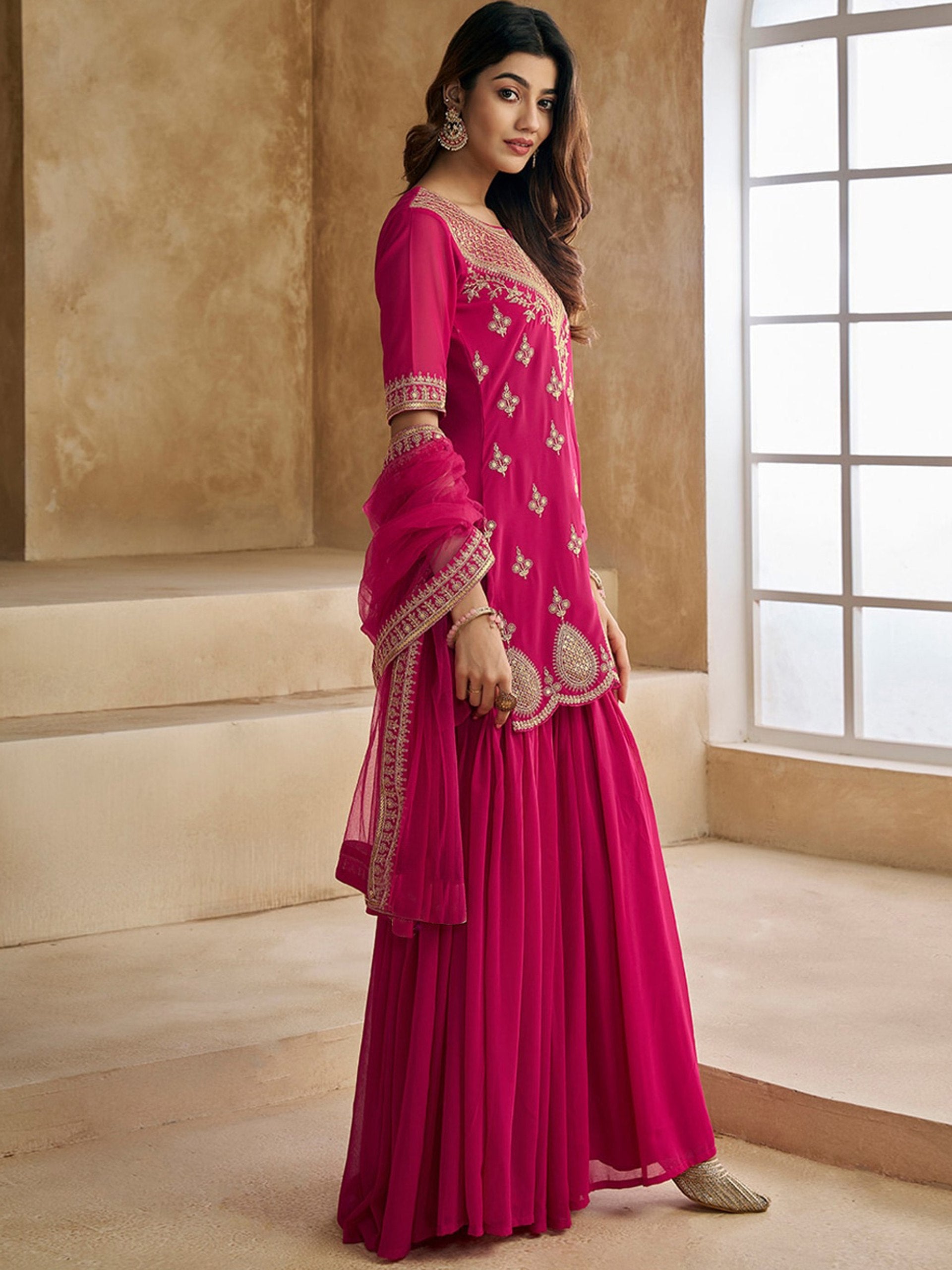 Ethnic Motifs Embroidered Round Neck Straight Kurta With Sharara & Dupatta