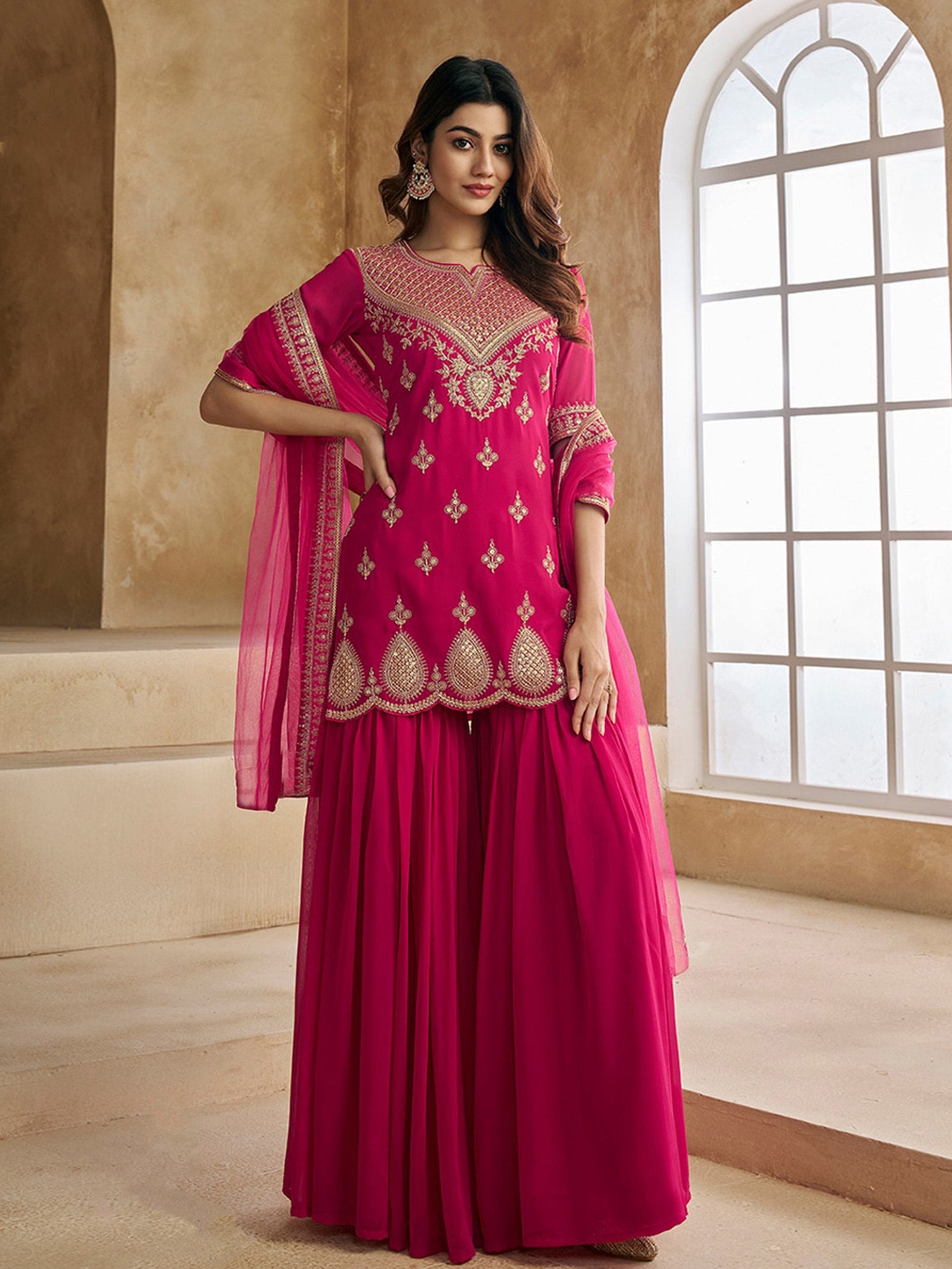 Ethnic Motifs Embroidered Round Neck Straight Kurta With Sharara & Dupatta