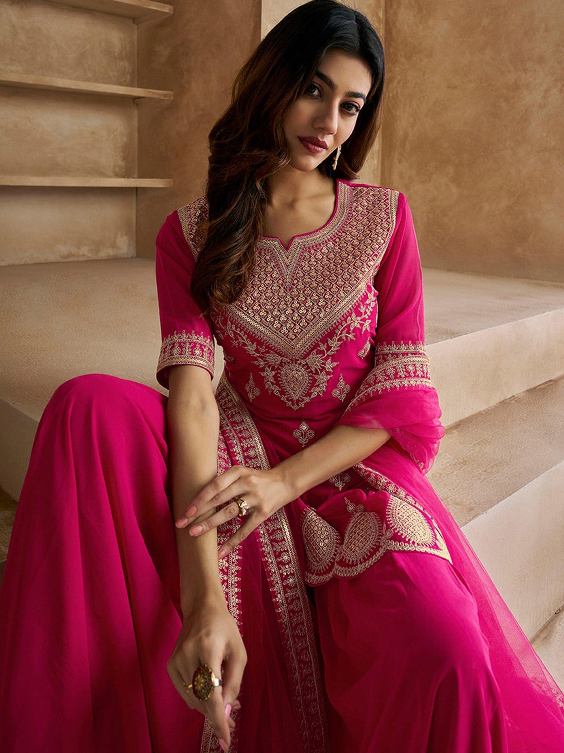 Ethnic Motifs Embroidered Round Neck Straight Kurta With Sharara & Dupatta