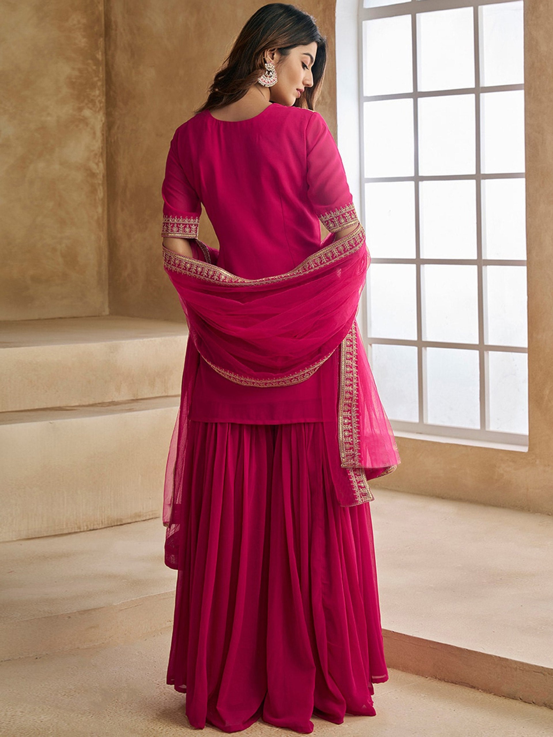 Ethnic Motifs Embroidered Round Neck Straight Kurta With Sharara & Dupatta