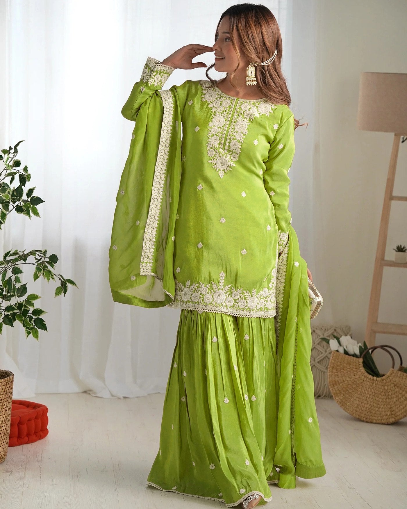 Women Ethnic Motifs Embroidered Regular Thread Work Pure Silk Kurta with Sharara & With Dupatta