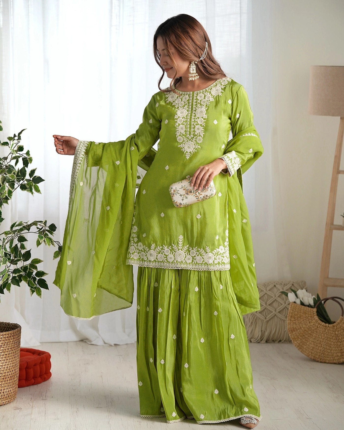 Women Ethnic Motifs Embroidered Regular Thread Work Pure Silk Kurta with Sharara & With Dupatta