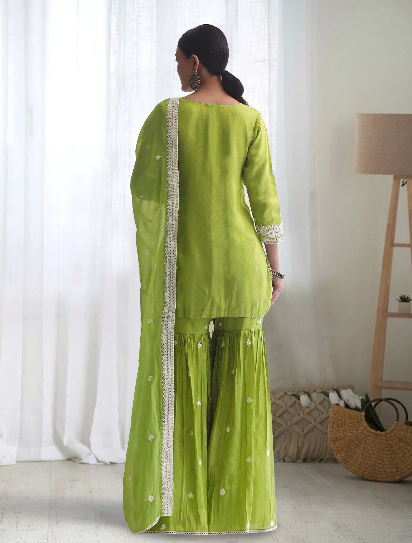 Women Ethnic Motifs Embroidered Regular Thread Work Pure Silk Kurta with Sharara & With Dupatta