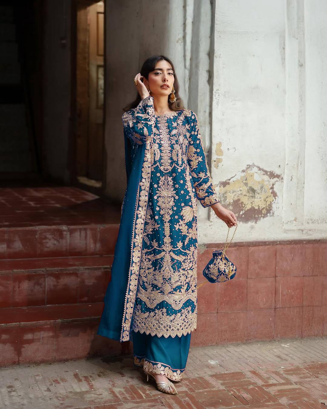Elegant Embroidered Sequence Designer Suit Three Piece Set"