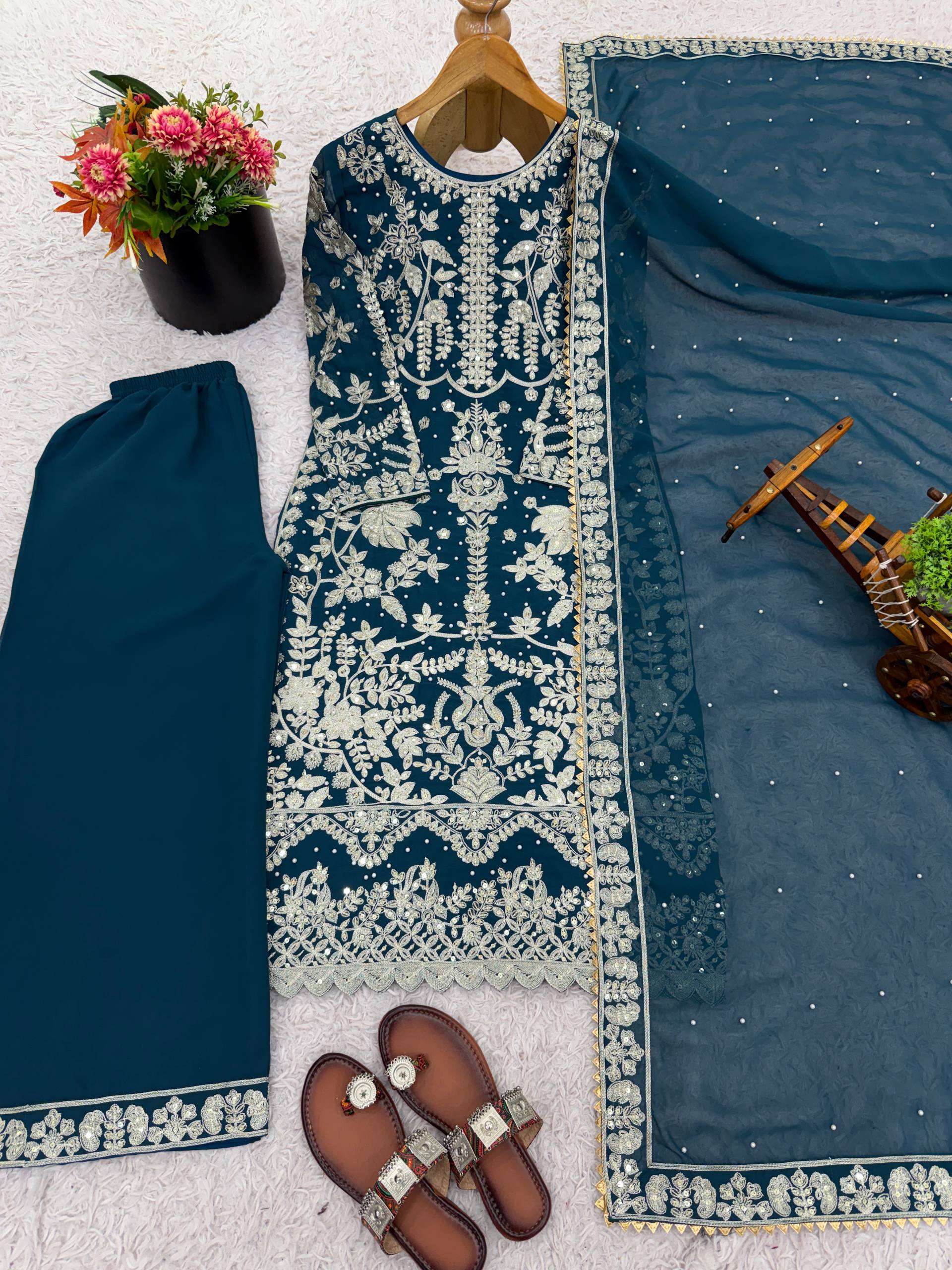 Elegant Embroidered Sequence Designer Suit Three Piece Set"