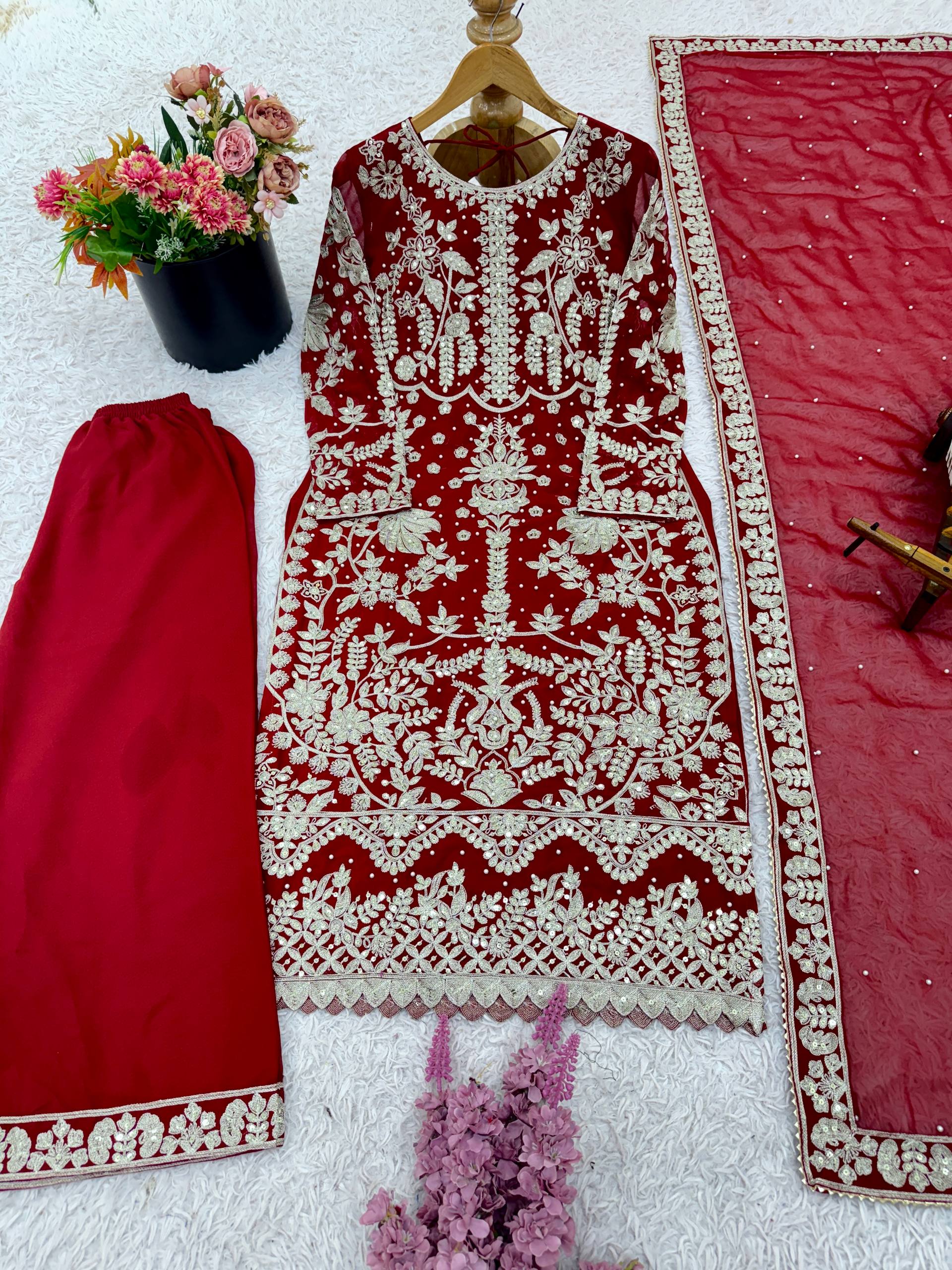 Elegant Embroidered Sequence Designer Suit Three Piece Set"