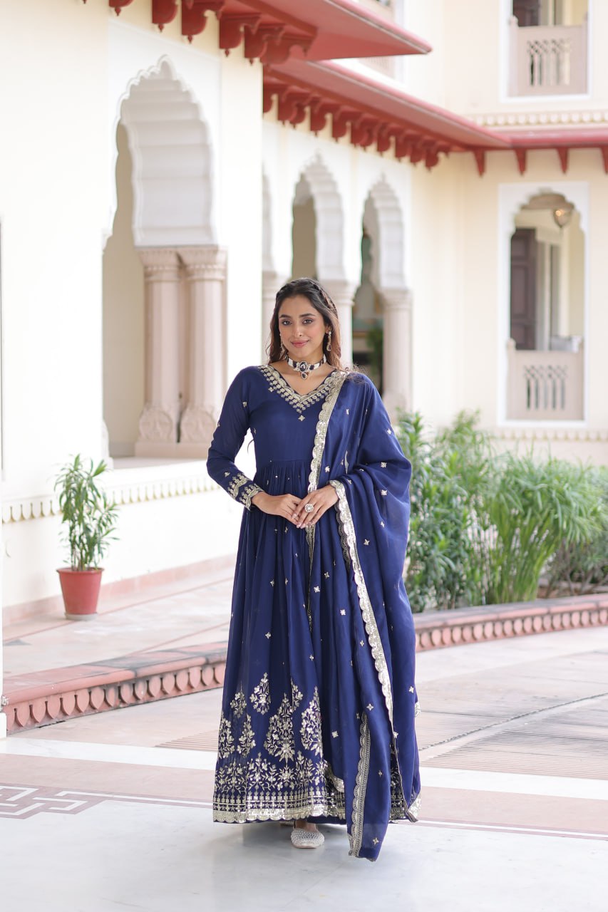 Majestic Wine Purple Embroidered Georgette Anarkali Suit with Dupatta