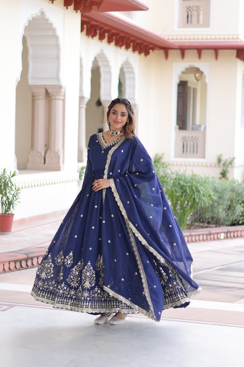 Majestic Wine Purple Embroidered Georgette Anarkali Suit with Dupatta