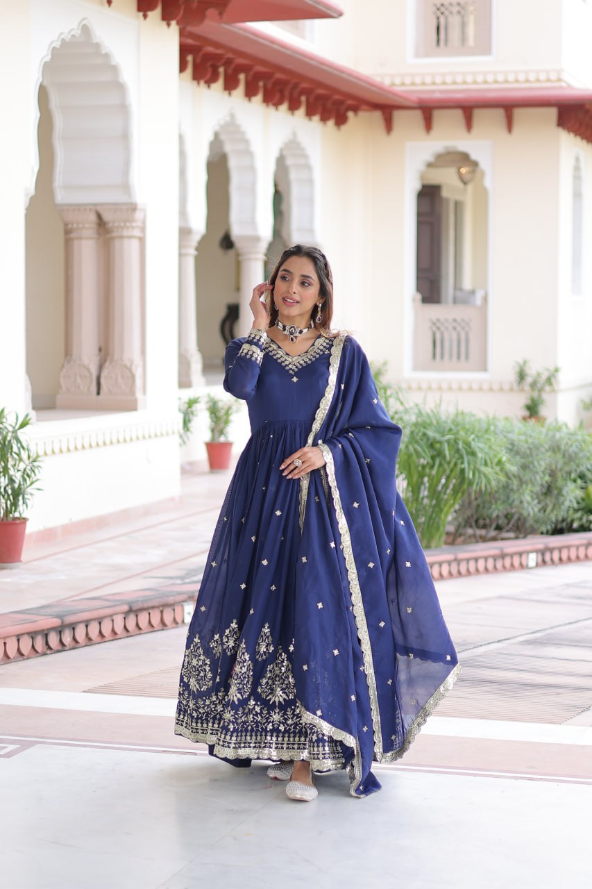 Majestic Wine Purple Embroidered Georgette Anarkali Suit with Dupatta