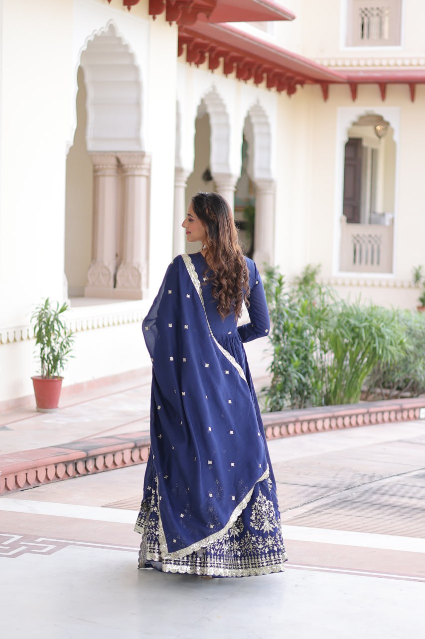 Majestic Wine Purple Embroidered Georgette Anarkali Suit with Dupatta