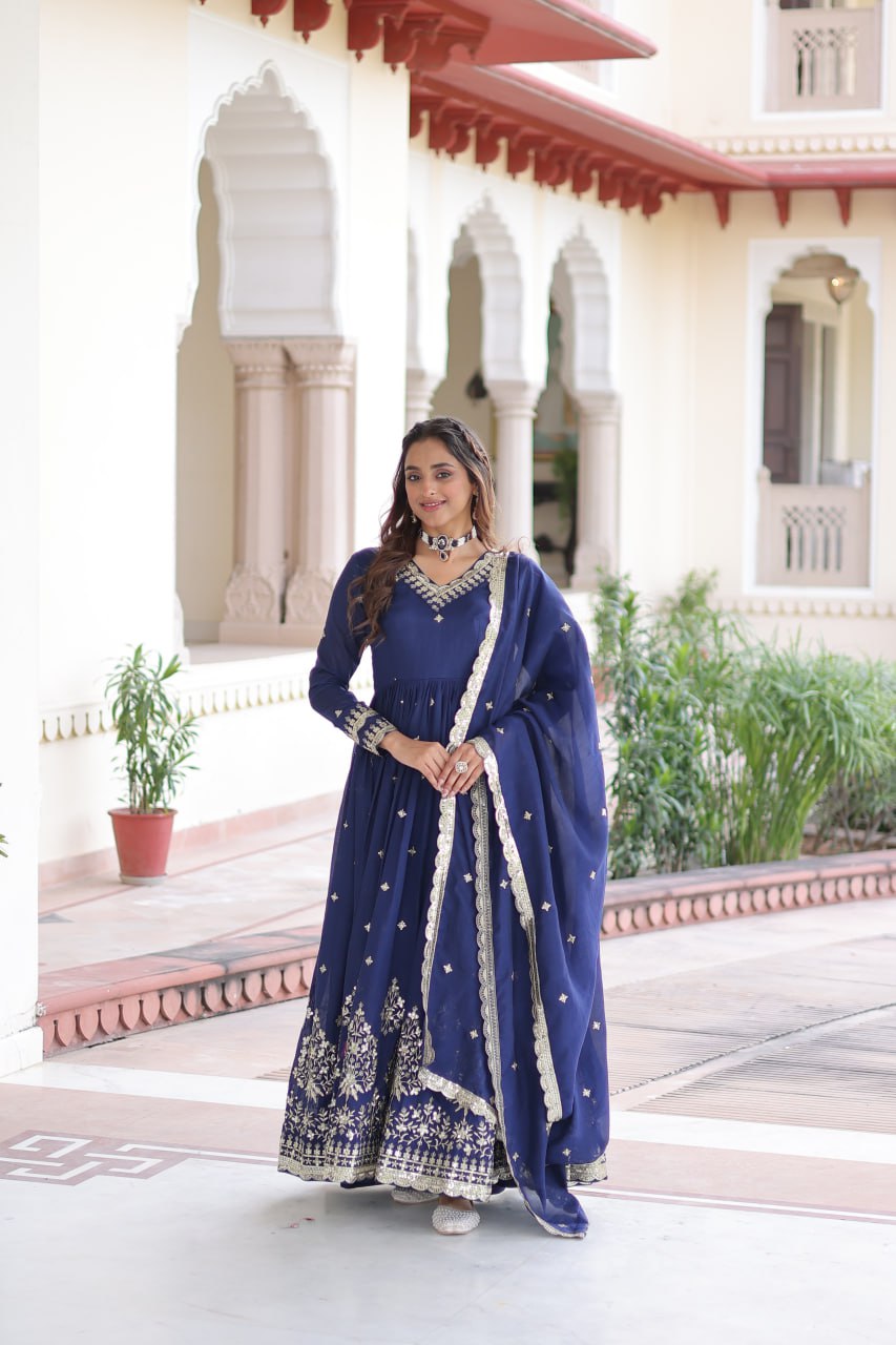Majestic Wine Purple Embroidered Georgette Anarkali Suit with Dupatta