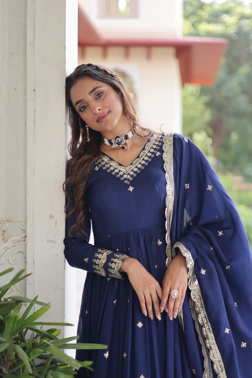 Majestic Wine Purple Embroidered Georgette Anarkali Suit with Dupatta