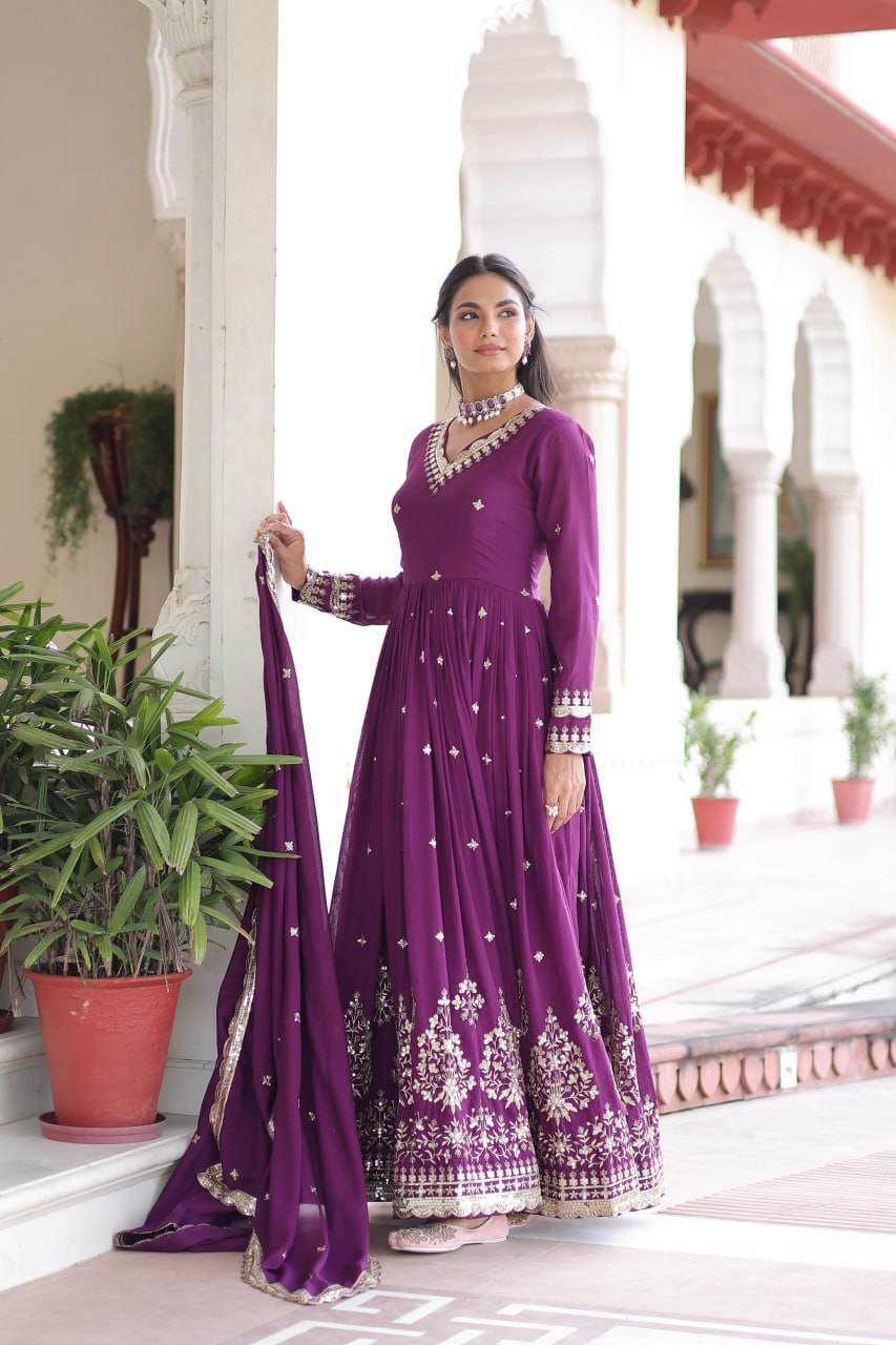 Majestic Wine Purple Embroidered Georgette Anarkali Suit with Dupatta