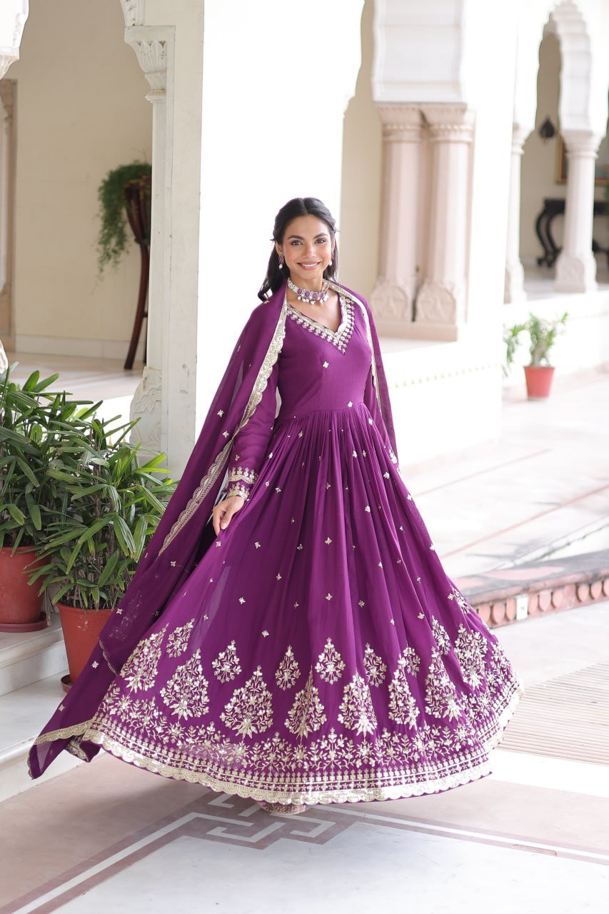 Majestic Wine Purple Embroidered Georgette Anarkali Suit with Dupatta